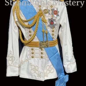 8 pcs ( jacket + 7 accessories) all white  Officers Braiding Hussar Jacket with blue cross  sash belt & stars  size 38”,40”42”44”46”48”