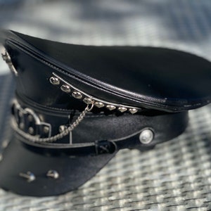 Industrial punk Black leatheret hat with chains and metals with spikes image 5