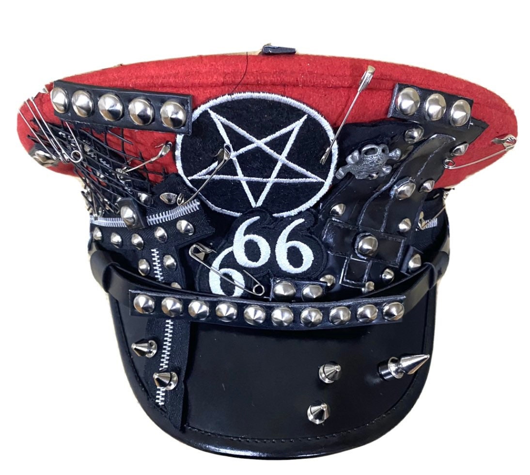 Gothic Punk Red Military Hat With Patches,studs 56,57,58,59