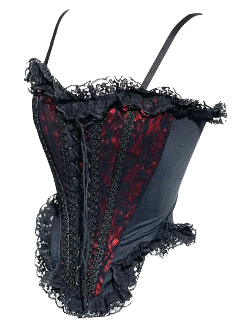 Gothic Steampunk black lace over boned corset with Black frills and front cotseted available in red and purple image 1