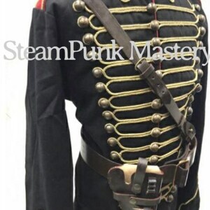 Steampunk 4 pcs Military Army Officers Antique Braiding Hussar Jacket and Genuine leather Cross belt & Gun pouch in size 42,444648 image 4