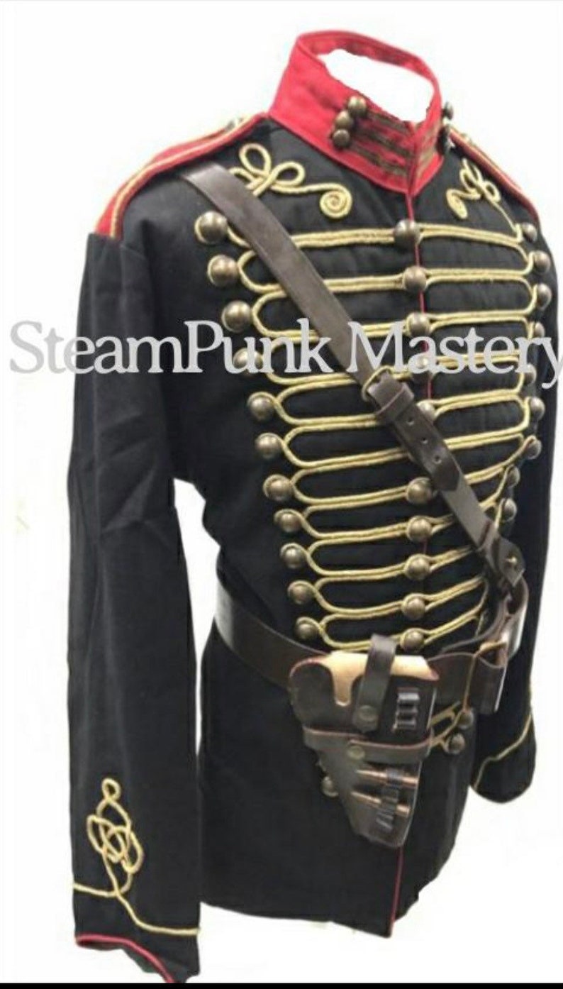 Steampunk 4 pcs Military Army Officers Antique Braiding Hussar Jacket and Genuine leather Cross belt & Gun pouch in size 42,444648 image 4