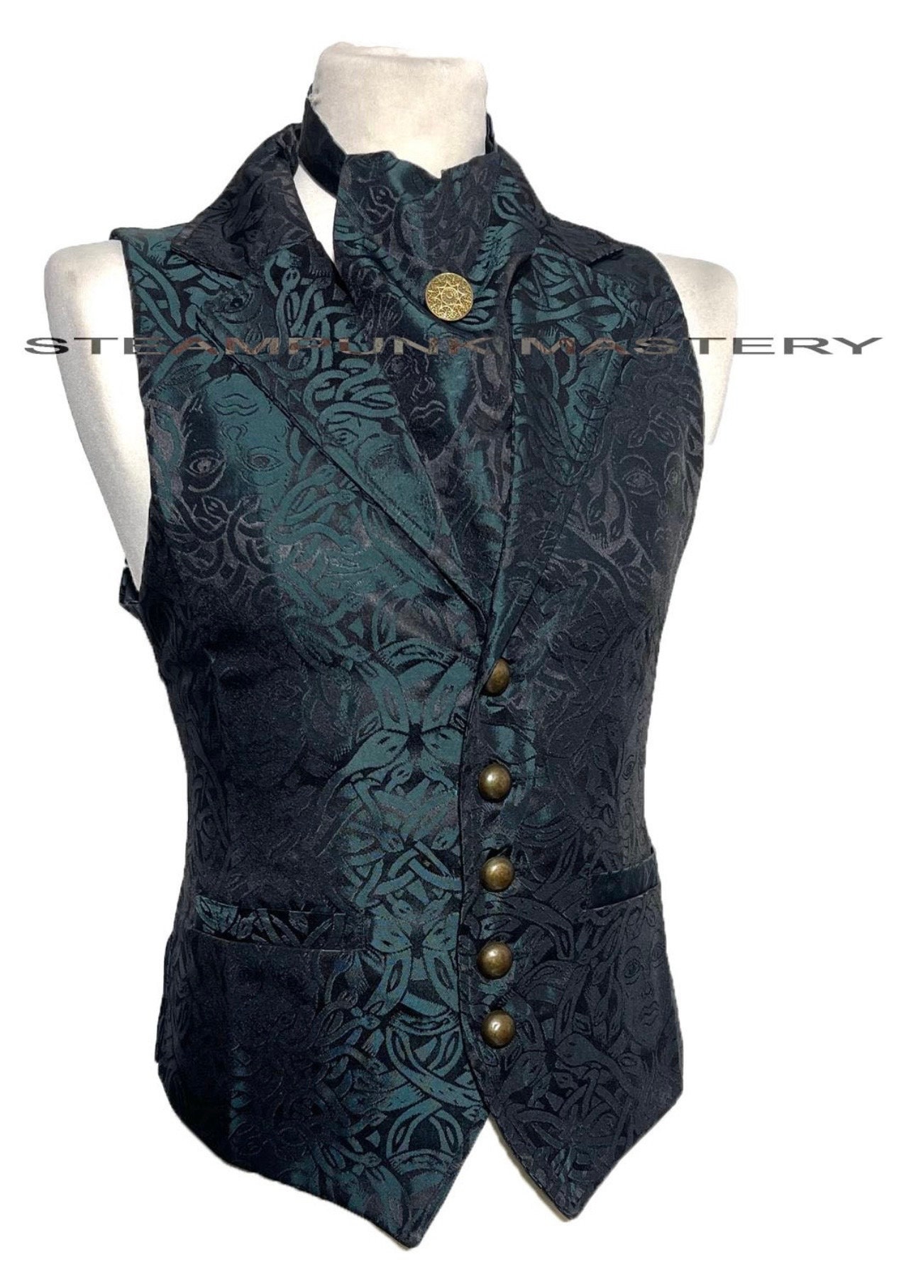 3 pcs Teal/Black Medusa design brocade Waistcoat With self  tie cravat & tiepin