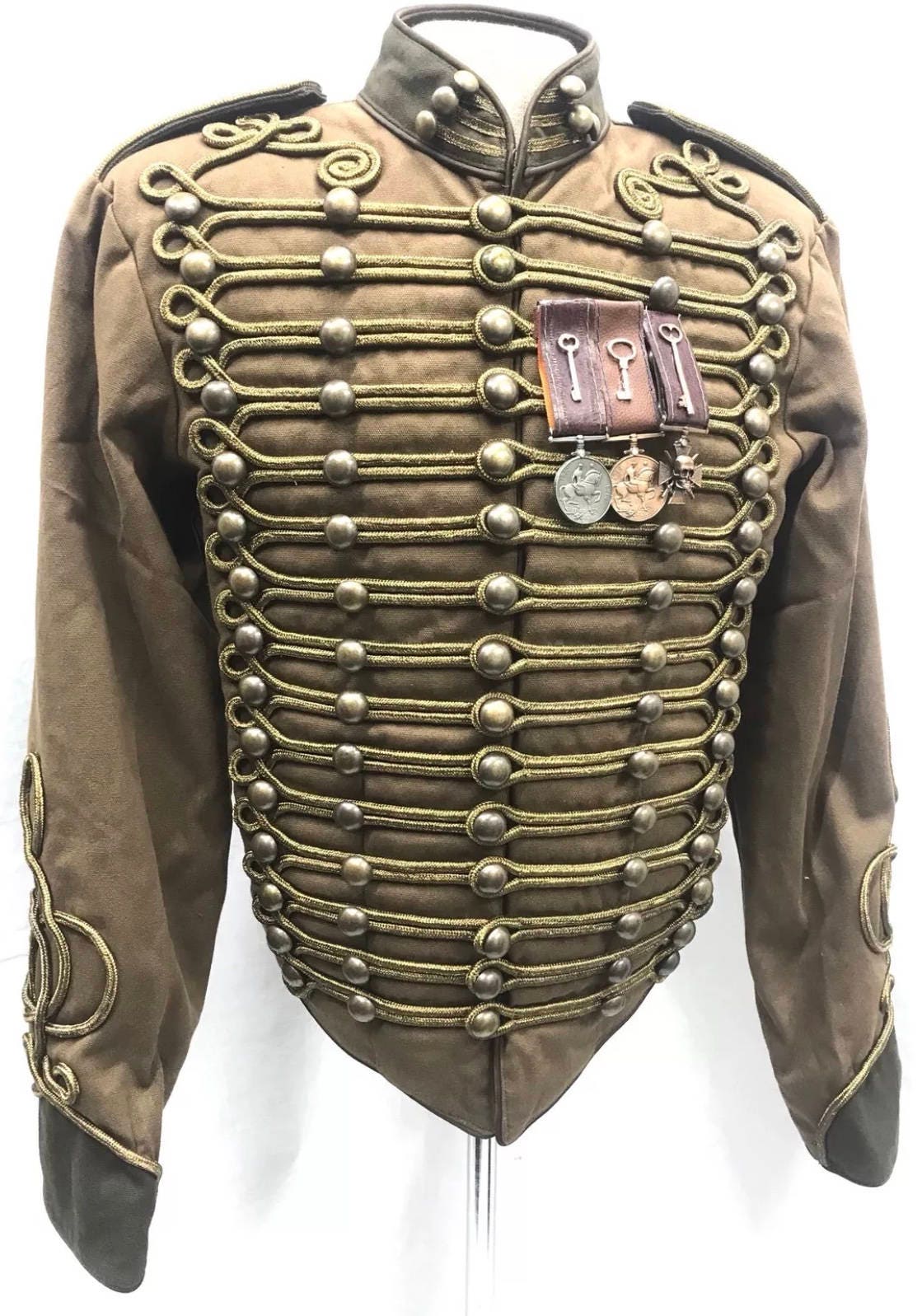 Image of Men's Military Army Distressed Brown Hussar Jacket With Antique Gold Cord Braiding in Chest S/40", M/42", L/44" & Xl/46"