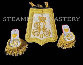 3 pcs Tsar Nicholas II Imperial reproduction  embroider Pouch Sabretache and matching eppaulates with brass studs