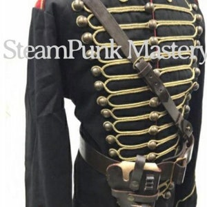 Steampunk 4 pcs Military Army Officers Antique Braiding Hussar Jacket and Genuine leather Cross belt & Gun pouch in size 42,444648 image 1