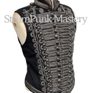 Hendrix Military Army Black with Oxidised silver Braiding front Hussar Waistcoat size to fit S/38”,M/40”, L/42” XL/44” XXL/46”48”