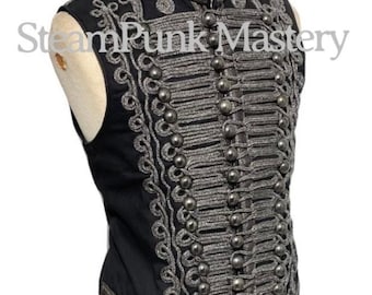 Hendrix Military Army Black with Oxidised silver Braiding front Hussar Waistcoat size to fit S/38”,M/40”, L/42” XL/44” XXL/46”48”