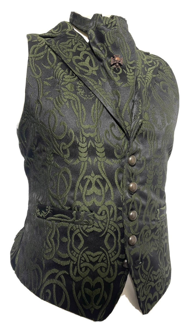 3 pcs Waistcoat Olive green/Black Brocade barbwire designs Waistcoat with same fabric Self cravat Tiepin, to fit 36384042,44,46 image 3