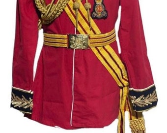 Royal Red officer Jacket with medals badges,shoulder  accessories and Royal pattern cross Sash with tassels