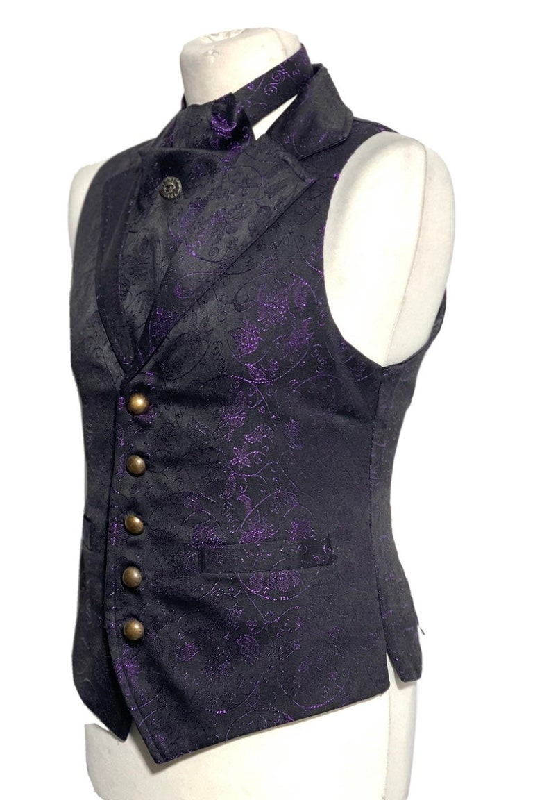 3 pcs Waistcoat outfit Purple/Black Victorian Ivy Brocade Waistcoat With self tie cravat, Tiepin Sizes to fit chest 36,3840,42,44,46 image 2