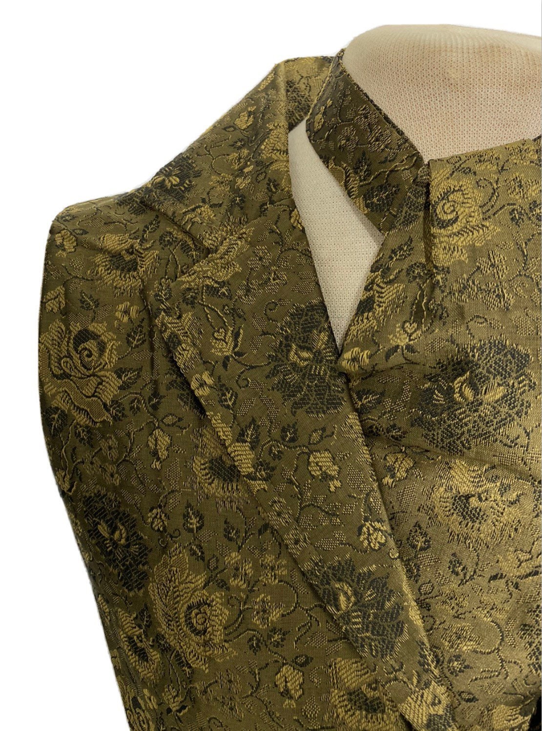 Image of 2 Pcs Waistcoat Outfit Olive Brown With Rose Brocade , Matching Self Tie Cravat in Sizes To Fit Chest 42", 44"