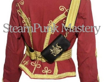 3 pcs men’s Red Ceremonial Hussar Officers jacket with Gold Cross chest belt &Pouch chest size  to fit 42” 44” 46”