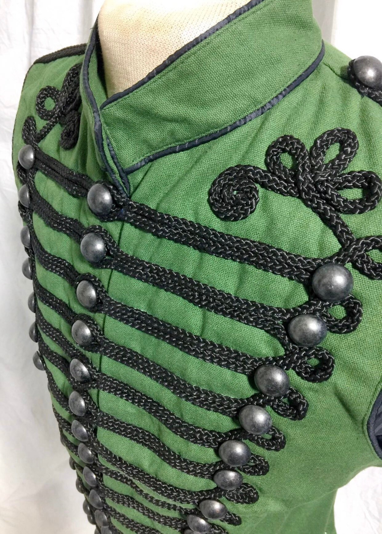Image of Sharpe Look Men's Military Army in Dull Green With Antique Black Braiding Hussar Waistcoat To Fit Chest Size 38" 40", 42", 44"