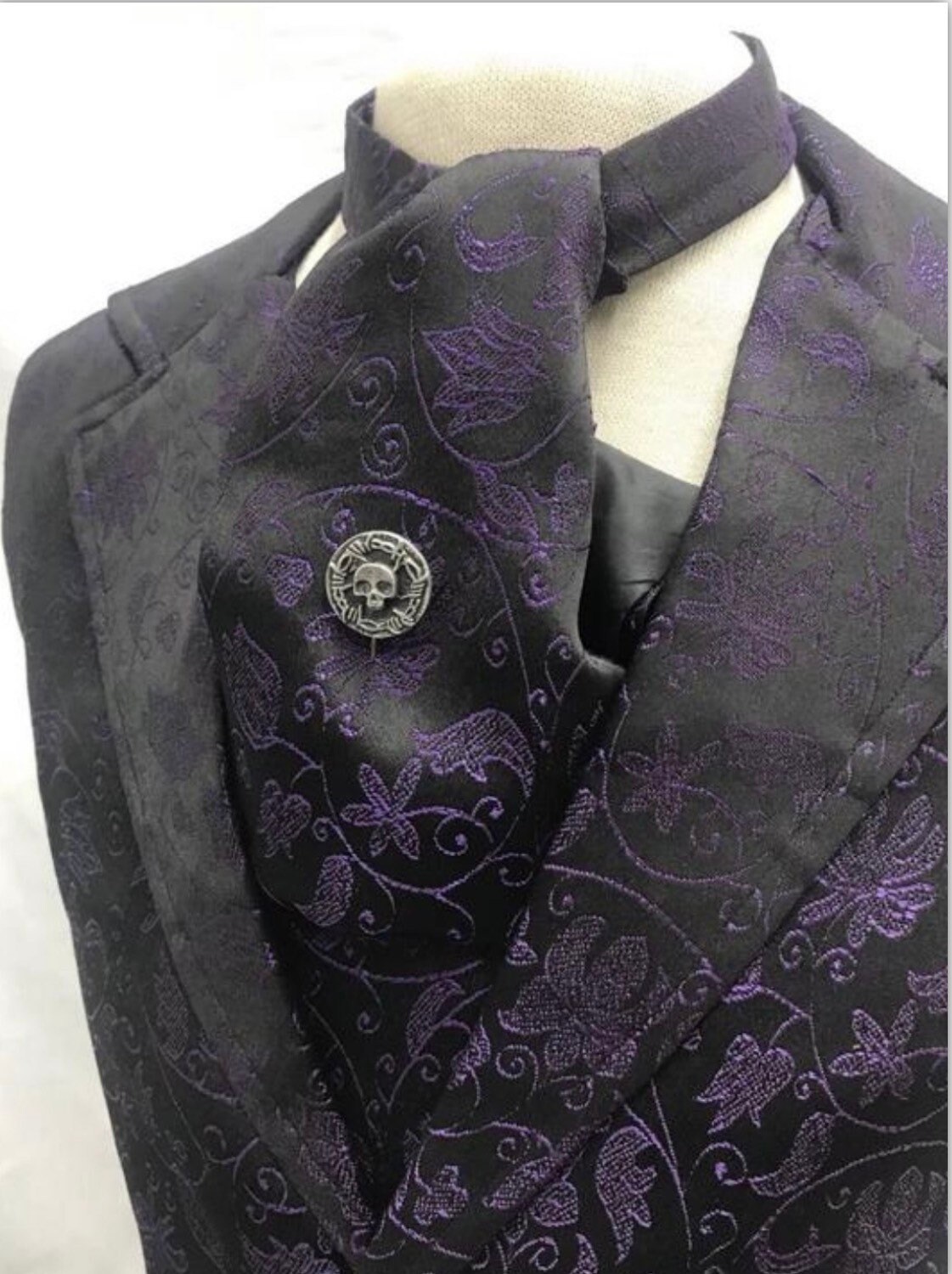 Image of 3 Pcs Waistcoat Outfit Purple/Black Brocade , Matching Self Tie Cravat & Silver Tiepin in 4 Sizes To Fit Chest 40", 42", 44", 46"