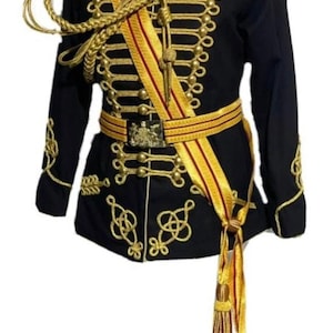 Military black Hussar officer Jacket with shoulder  accessories belt with Red stripes Gold Sash