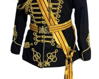 Military black Hussar officer Jacket with shoulder  accessories belt with Red stripes Gold Sash