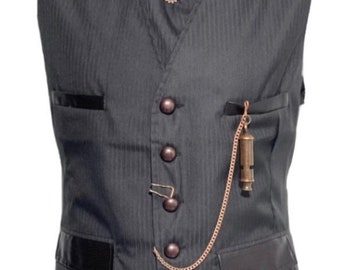 Steampunks Black Pinstripes suit fabric Waistcoat and cravat leather buttons, Tiepin & pocket Chain