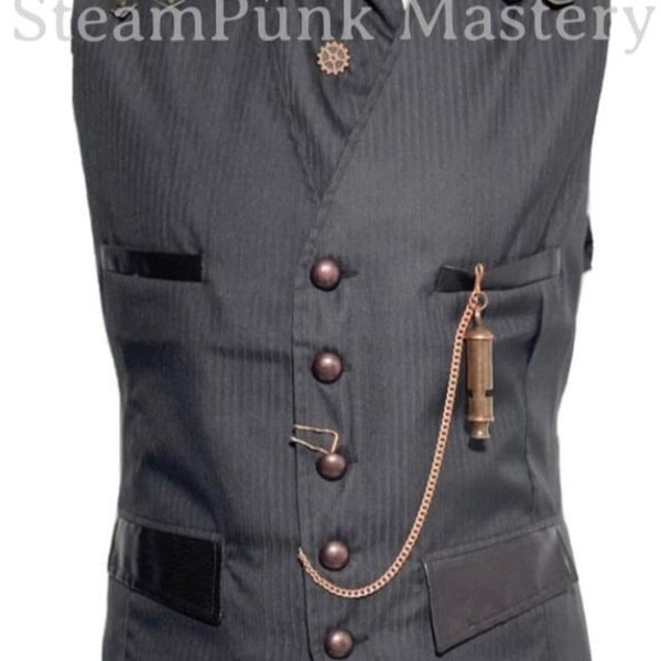 Steampunks Black Pinstripes suit fabric Waistcoat and cravat leather buttons, Tiepin & pocket Chain