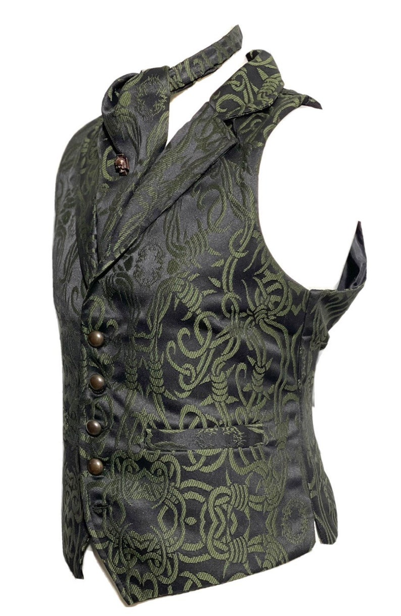 3 pcs Waistcoat Olive green/Black Brocade barbwire designs Waistcoat with same fabric Self cravat Tiepin, to fit 36384042,44,46 image 7