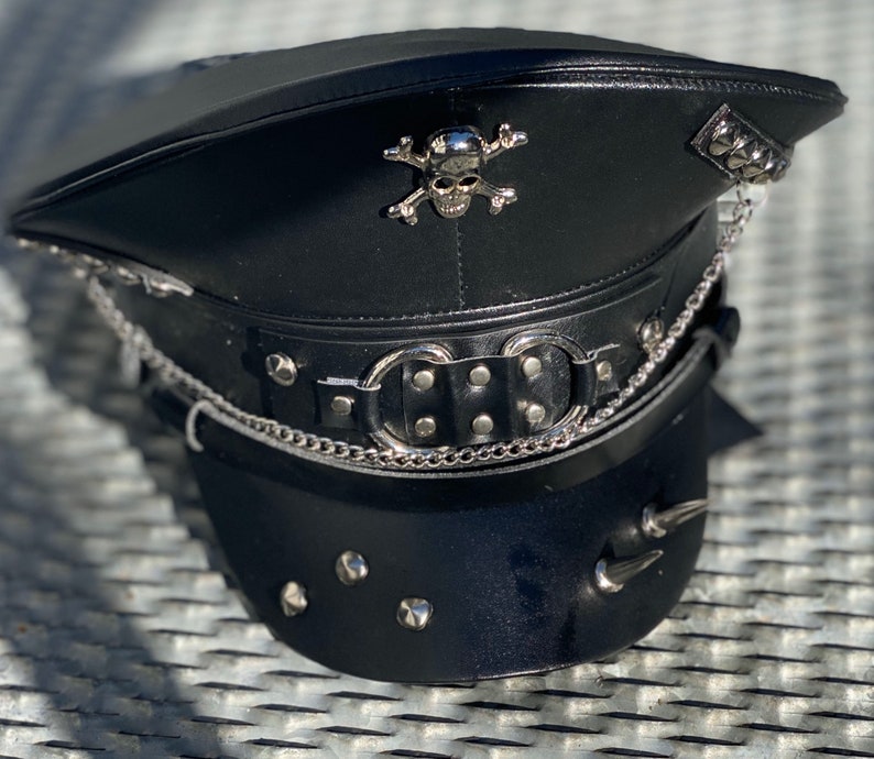 Industrial punk Black leatheret hat with chains and metals with spikes image 2