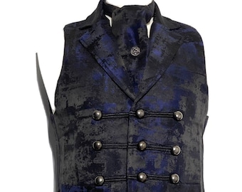 May include: A black and blue patterned vest with a double breasted closure and silver buttons. The vest has a stand-up collar and a matching tie.