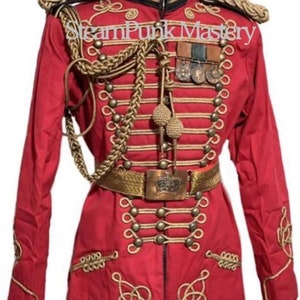 Steampunk 5pcs Red Army Officers Antique Braiding Hussar Jacket with antique shoulder  accessories and belt & medals size 40”42”44”46”48”