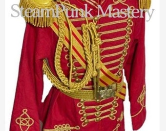 Steampunk 5 pcs Army Officers Gold Braiding Hussar Jacket with shoulder  7”bullion eppaulates ,belt and Sash in size  to fit 42”44”46”