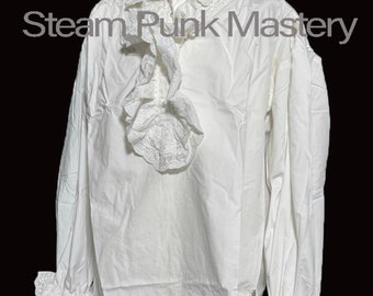 Mens white vintage ruffles gothic cotton shirt with embroidered front and cuffs chest 42”,44” 46” 48”