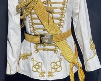 May include: White military-style jacket with gold trim and buttons. The jacket has a high collar and a sash with tassels.