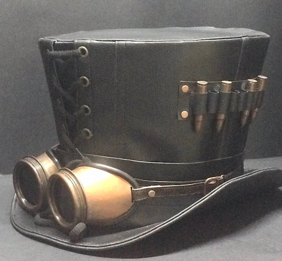 Steampunk deiselpunk black leather look Top Hat with copper goggles in 57,58,59cm