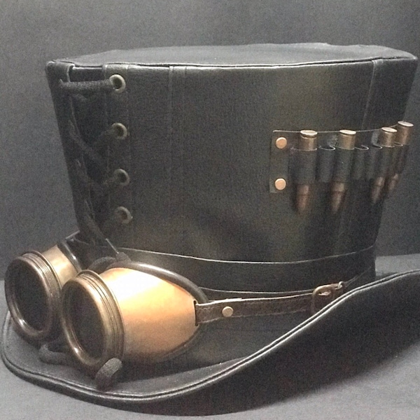 Steampunk deiselpunk black leather look Top Hat with copper goggles in 58,59,60cm