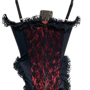 Gothic Steampunk black lace over boned corset with Black frills and front cotseted available in red and purple image 2