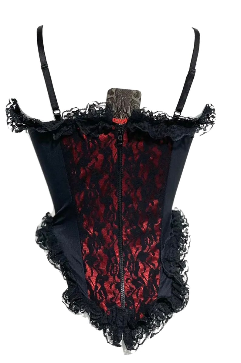 Gothic Steampunk black lace over boned corset with Black frills and front cotseted available in red and purple image 2