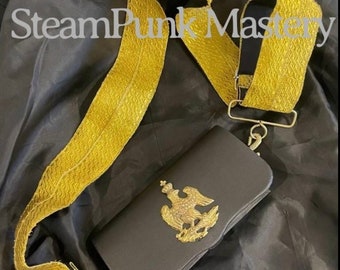 Ceremonial Military officers Cross chest belt & Black leather look Pouch with brass badges