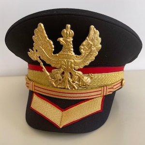 Può includere: Un cappello nero in stile militare con un emblema di aquila dorata e bordi rossi e dorati.
