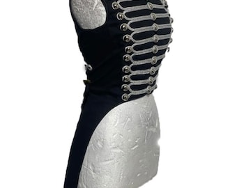 Women Ring master Hussar black/Silver Waistcoat with back tails in chest fit size 32”/34”/36”/38”/40”