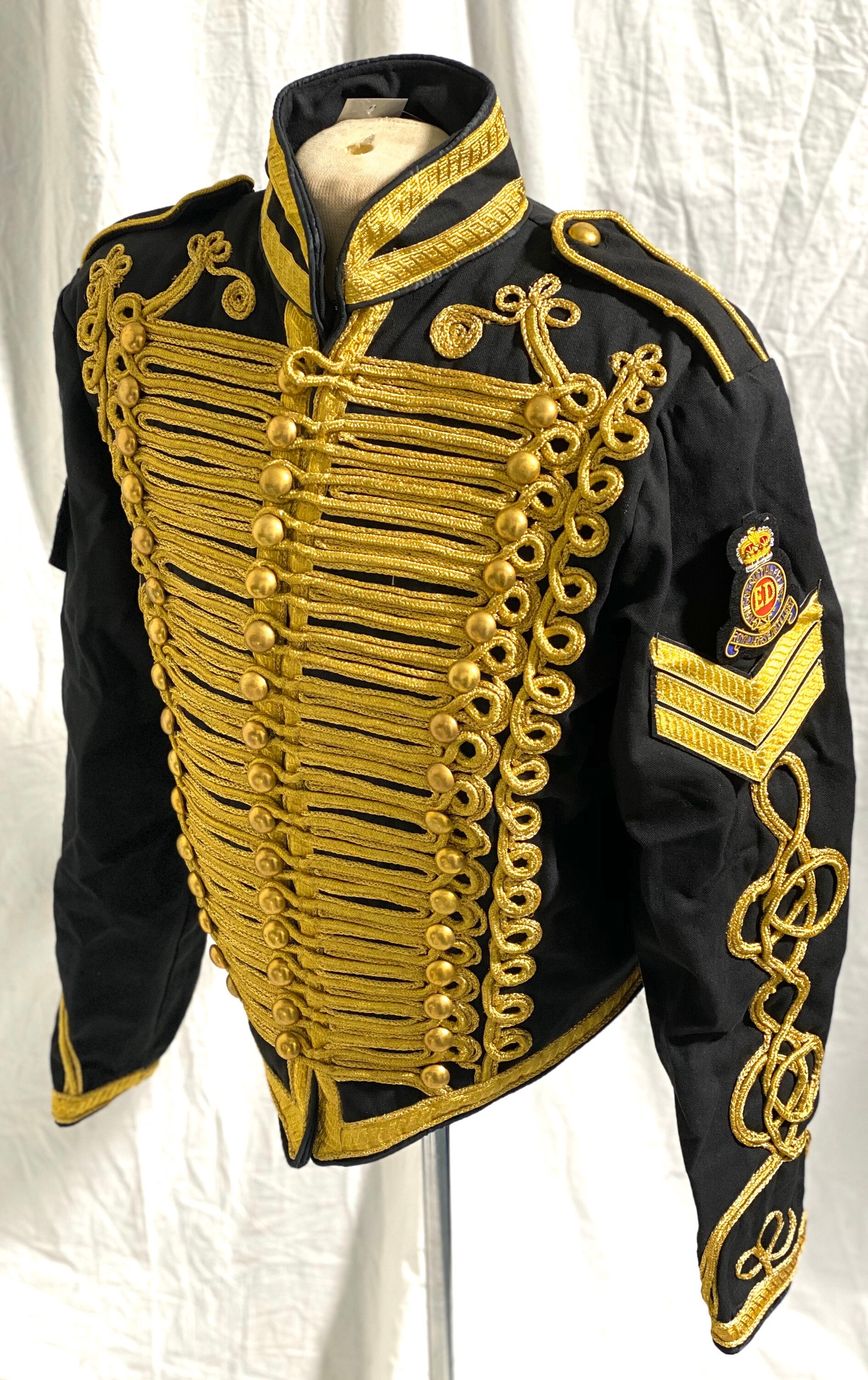 Image of 3 Pcs Men's Ceremonial Gold Braiding Hussar Jacket Black in 42", 44" 46" With Hand Embroidered Badge , Chevrons