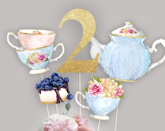 CENTROS DE PIEZAS DE PASTEL DE TÉ Toppers, Cumpleaños de té 2do centro de mesa de pastel de té, Té para dos accesorios fotográficos, Imprimir descarga instantánea