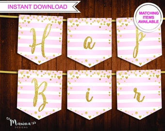 First 1st Birthday banner, Birthday party banner girls, Pink stripes gold glitter, Printable bunting, Birthday garland decoration invitation