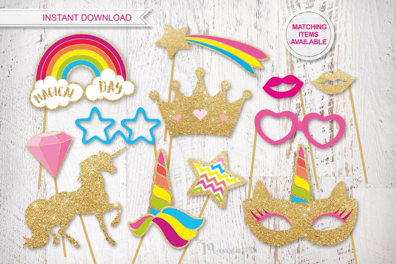 Unicorn inivitation diy Unicorn party props Unicorn mask Unicorn labels tags stickers Unicorn photo booth props Unicorn birthday decor