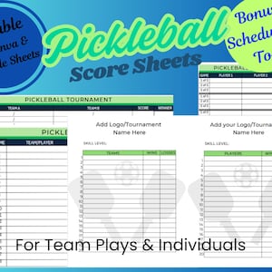 Hojas de puntuación de Pickleball para torneos o juegos: PDF imprimible, personalizable en Canva y Google Sheets; agregue logotipo, *herramienta de programación adicional*