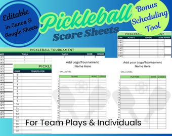 Arkusze wyników pickleball na turnieje lub mecze — do wydrukowania w formacie PDF, możliwość dostosowania w Canva i Arkuszach Google; możliwość dodania logo, bonusu *Narzędzie do planowania*