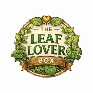 May include: The Leaf Lover Box logo features a circular design with green leaves and a brown border. The text "THE LEAF LOVER BOX" is displayed in green and brown, with a gold heart above. A brown banner at the bottom reads "BOX".