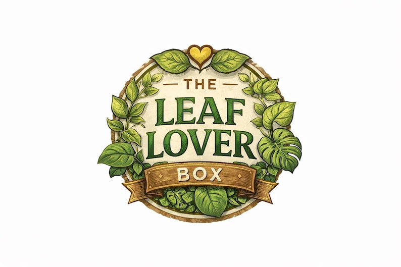 May include: The Leaf Lover Box logo features a circular design with green leaves and a brown border. The text "THE LEAF LOVER BOX" is displayed in green and brown, with a gold heart above. A brown banner at the bottom reads "BOX".