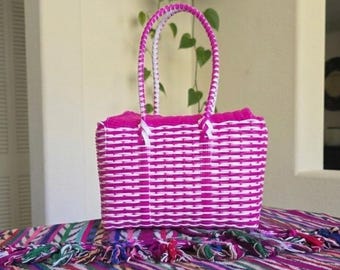 White and Hot Pink Plastic Market Tote: Pink and White Mercado Bag with Lid
