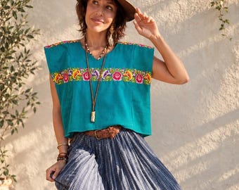 Vintage Teal Mayan Guatemalan Top- Guatemalan Floral Embroidery Huipil (Color Fading Notice)