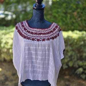 XL to 3X Guatemala Hand Embroidered Top, White Mayan Fabric Top, white and Burgundy Huipil de Coban, Guatemalan White Huipil Blouse