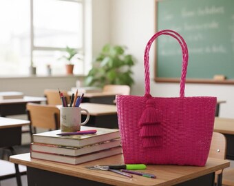 Hot Pink Mercado Bag, Fuchsia Plastic Market Tote, Pink Guatemalan Basket