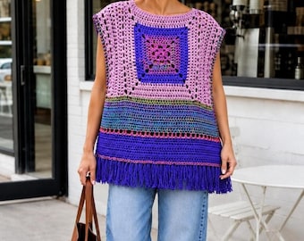 Handmade Crochet Poncho, Purple and Mauve Granny Square Mañanera with Fringe, Purple Cover Up